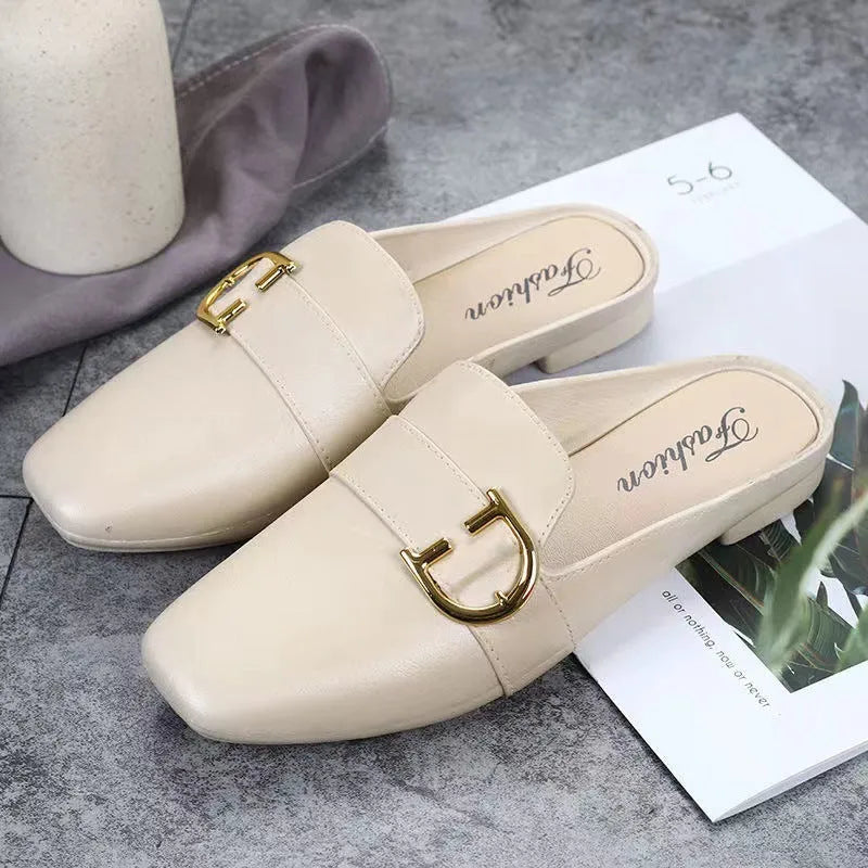 Women's PVC closed toe half slippers with buckle fastening in milky white, black or brown colours