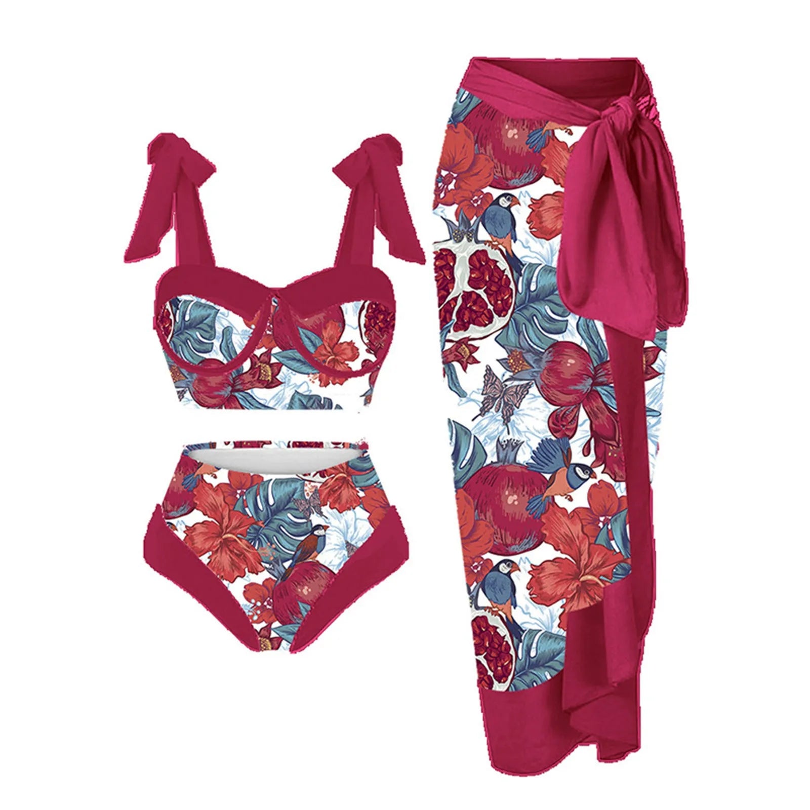 Women's printing split swimsuit three-piece set showing polyester fabric with high elasticity in floral pattern