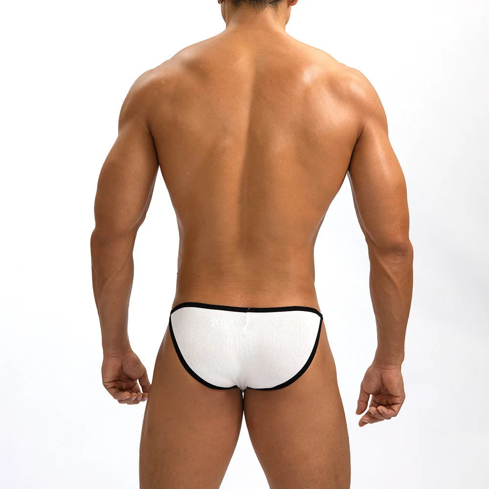Men's solid colour low waist briefs in rib weave fabric, shown in white and grey.