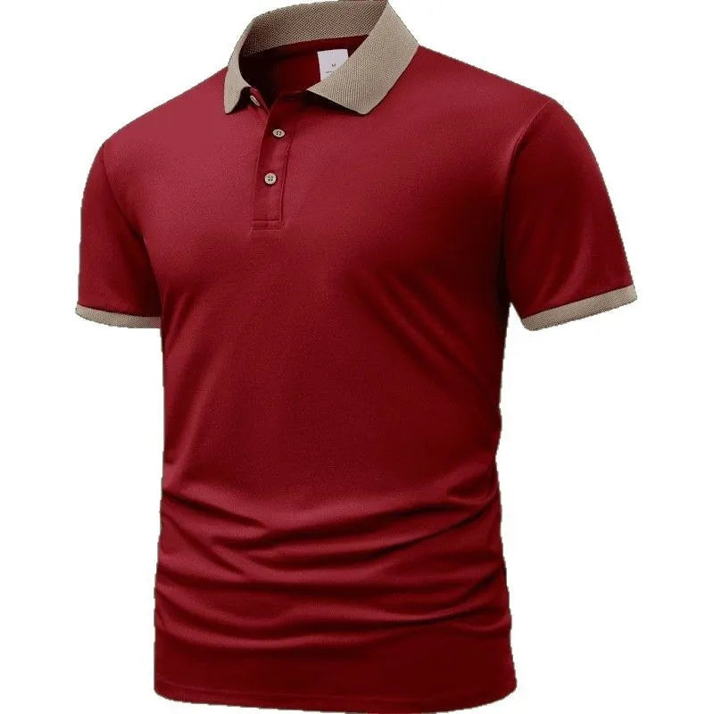 Ice silk summer polo shirt with short sleeves, a lapel collar, and a printed flocking design on the front.