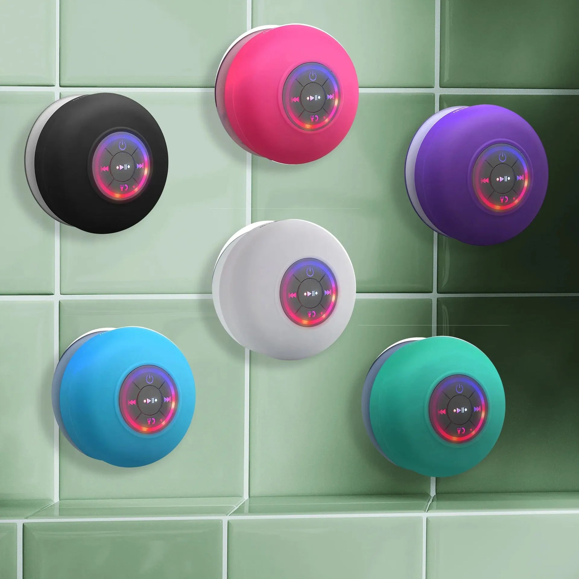 BTS07 waterproof Bluetooth speaker with suction cup mounted on car dashboard showing six colour options
