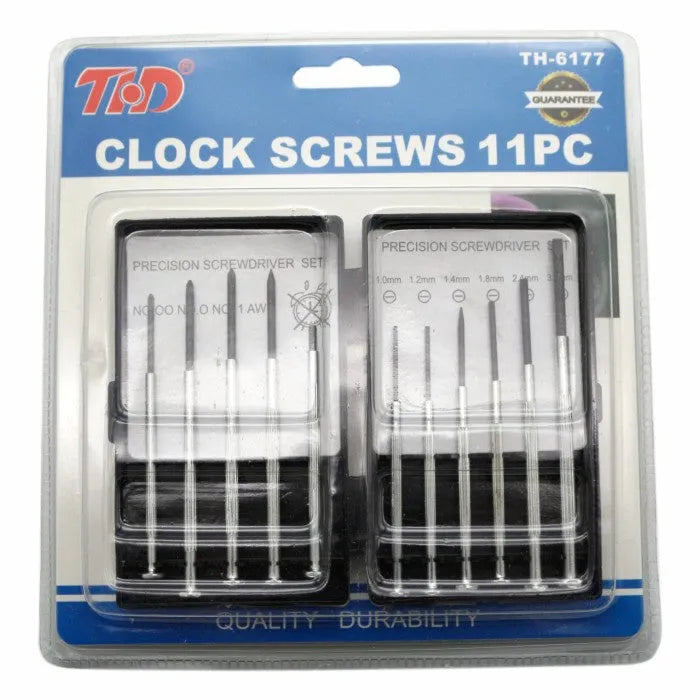 TH-6177 11-piece set of steel screwdrivers with cross and slotted heads for clocks and electronics.