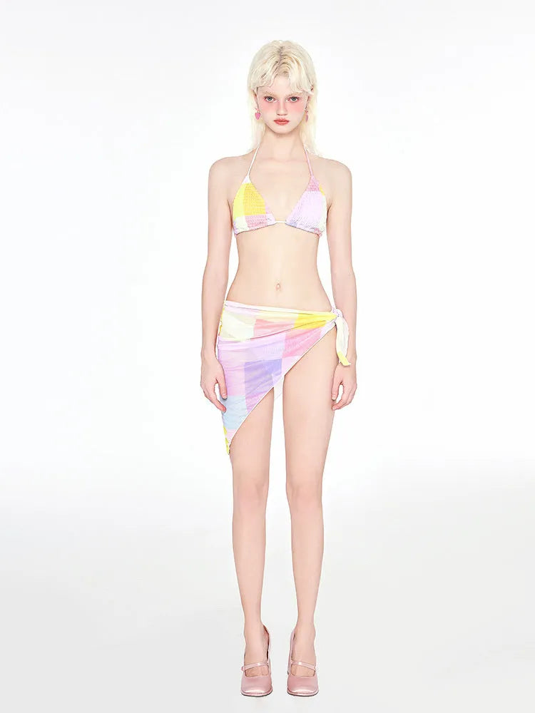 Rainbow Pink triangle bikini swimsuit set with wireless cups and chest pads