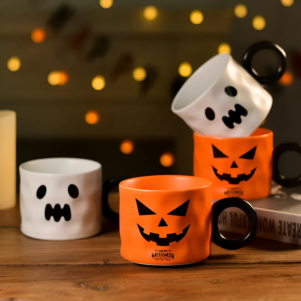 Orange pumpkin ceramic cup with handle and dessert spoon in gift box packaging