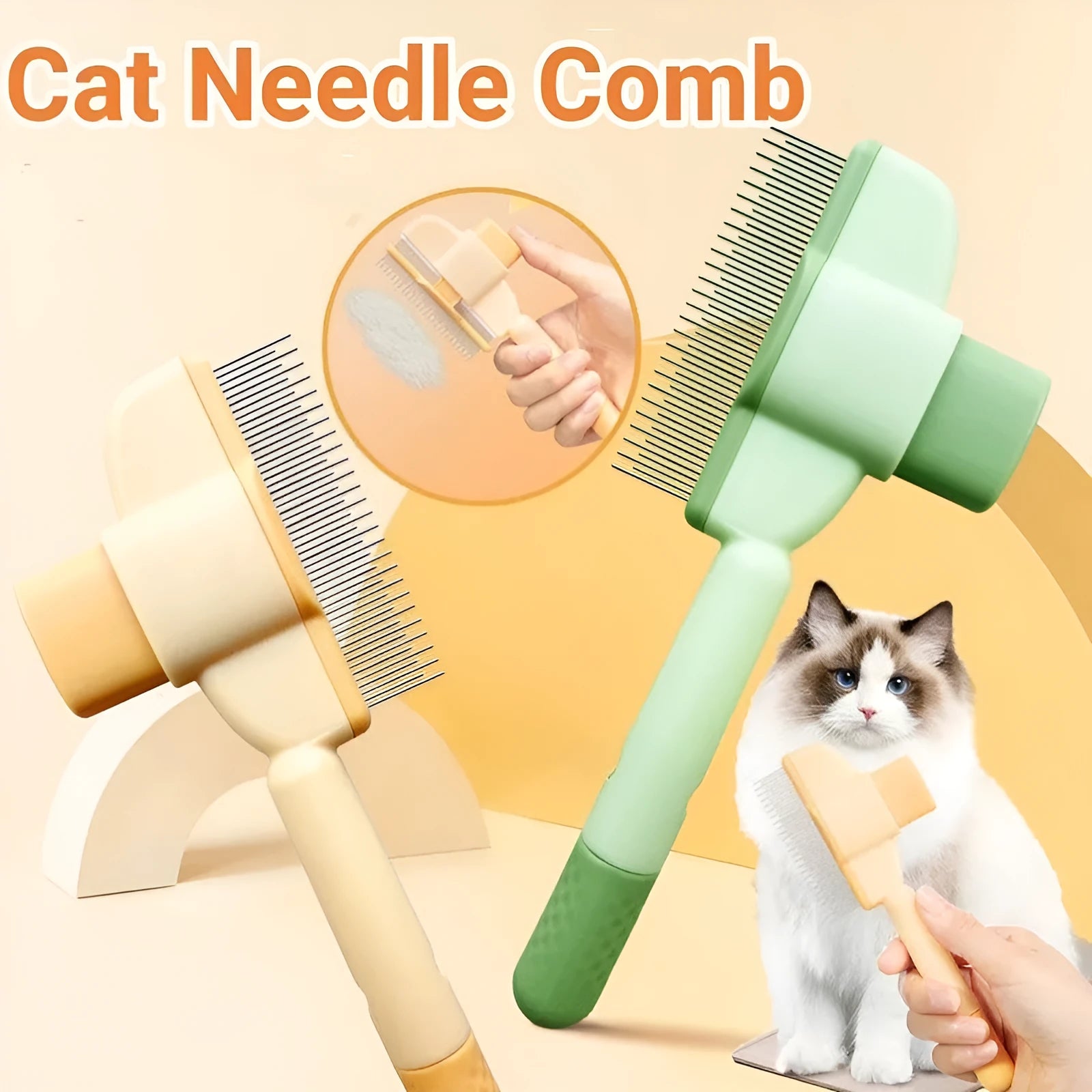 Yellow and green self-cleaning pet combs with stainless steel teeth on a white background