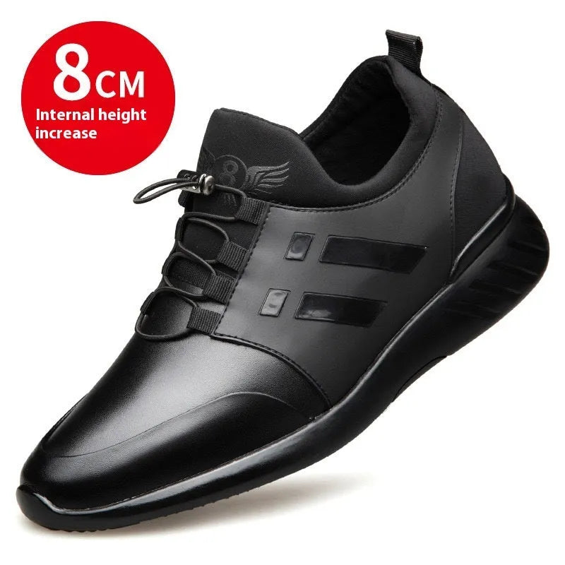 Men's black casual height increasing shoes in leather, Lycra, and mesh variants with round toe and chunky heel.