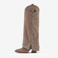 Women's black pantyhose boots with microfiber suede upper and rubber sole shown as oversleeves