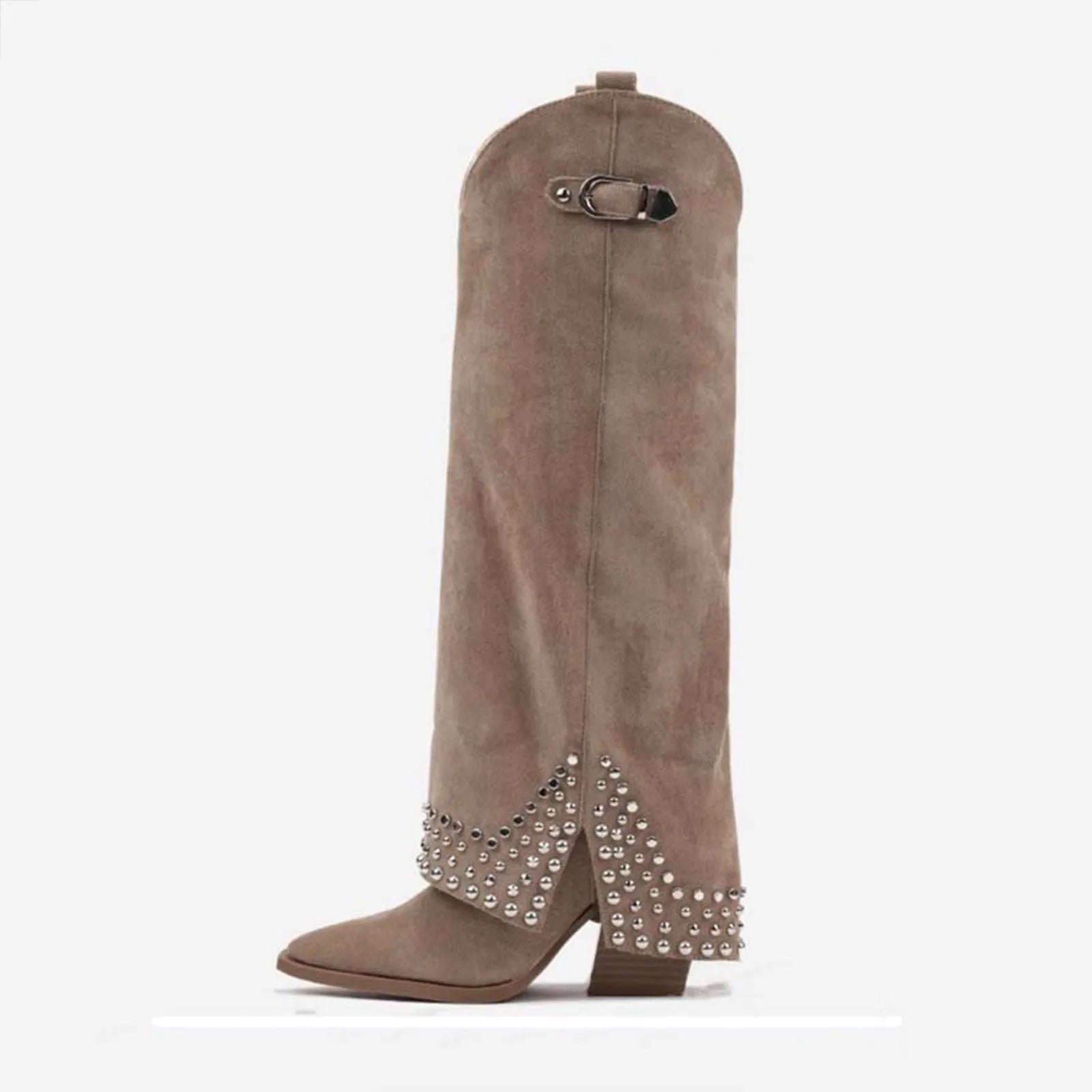 Women's black pantyhose boots with microfiber suede upper and rubber sole shown as oversleeves
