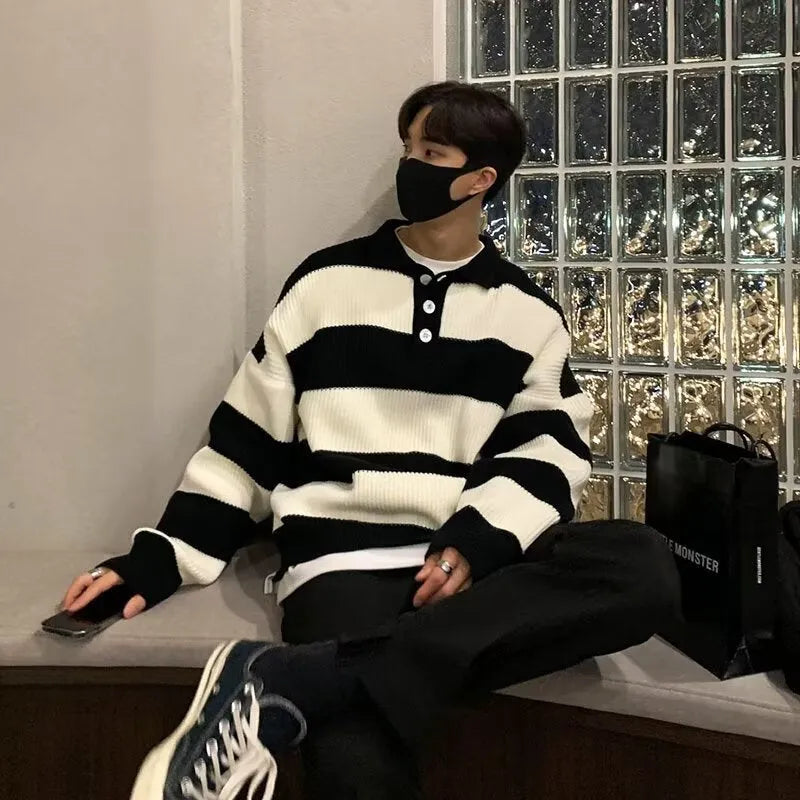 Men's loose fit striped pullover sweater in black and grey colours with long sleeves