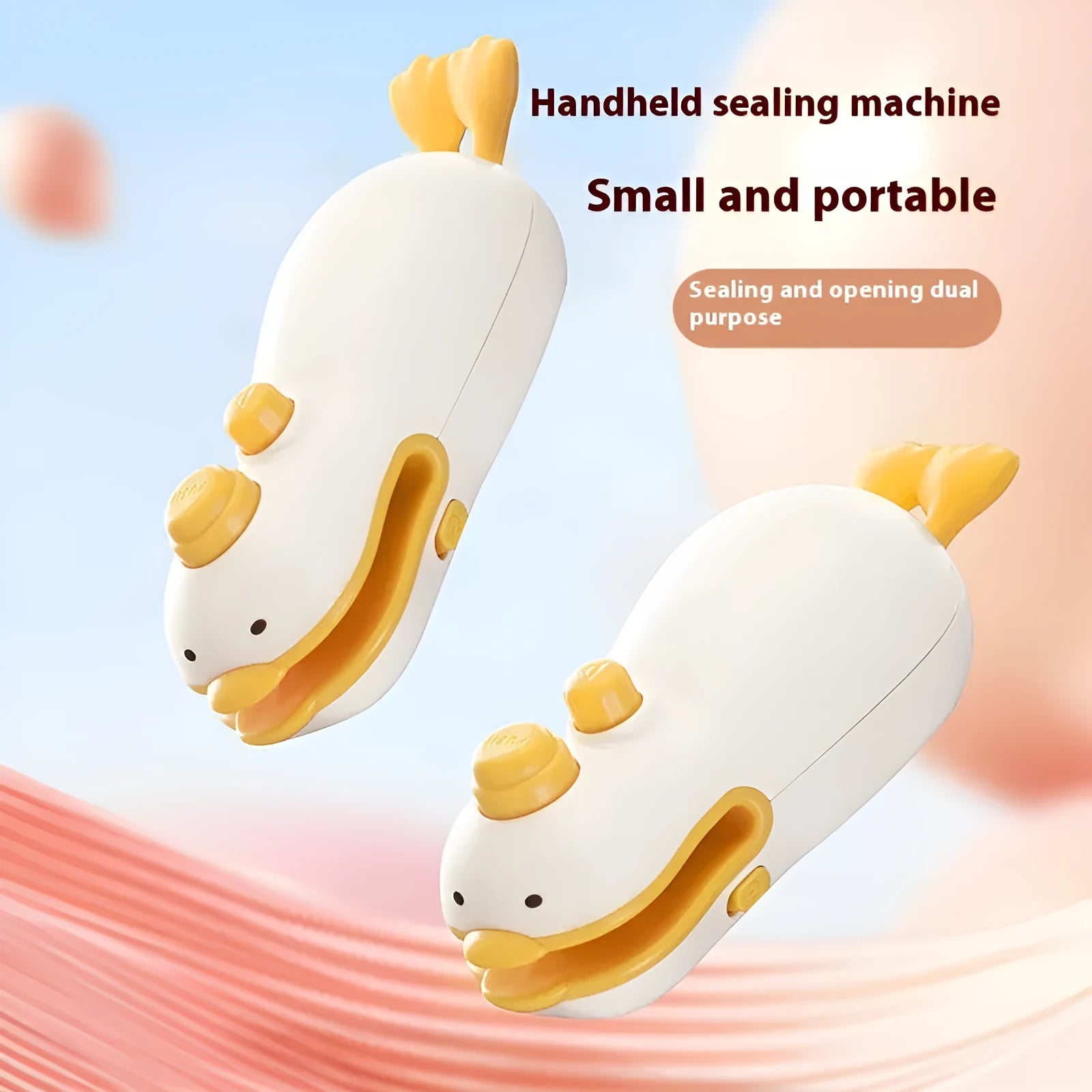 Yellow duck-shaped rechargeable electric bag sealer with animal jacquard pattern and charging cable