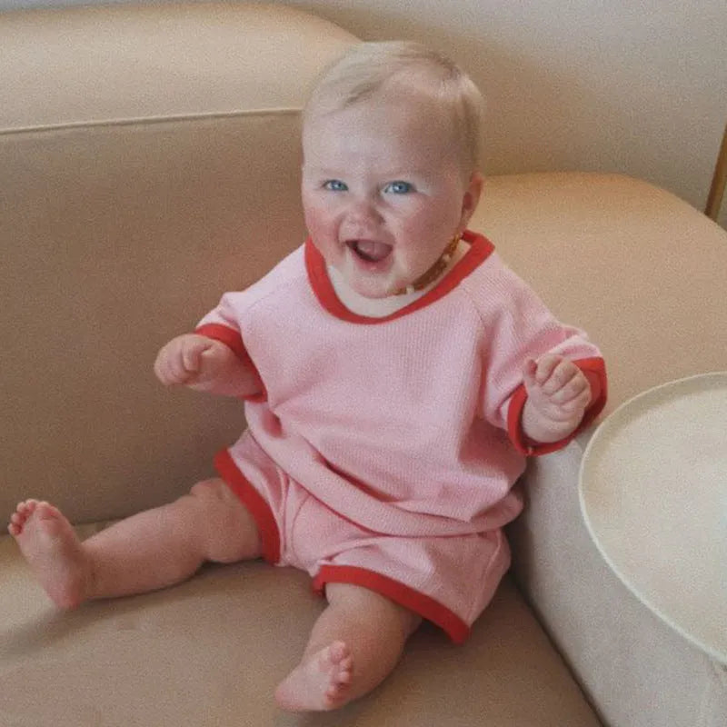 Children's cotton short sleeve shirt and shorts set in solid colour, summer two-piece outfit with pullover top.