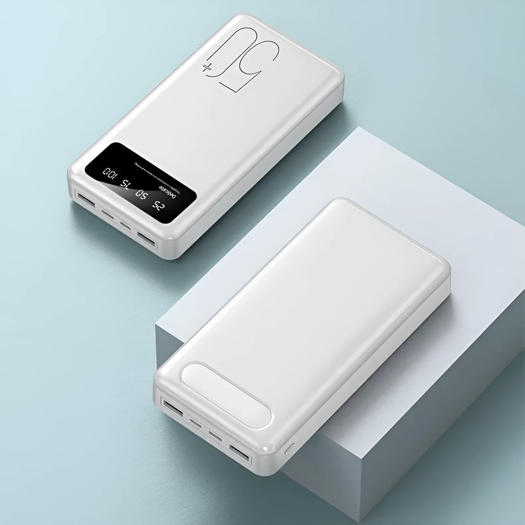 50000 mAh portable power bank with LED display and fabric texture finish in black or white