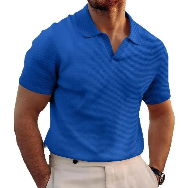 Men's black waffle knit t-shirt with lapels and short sleeves in slim fit