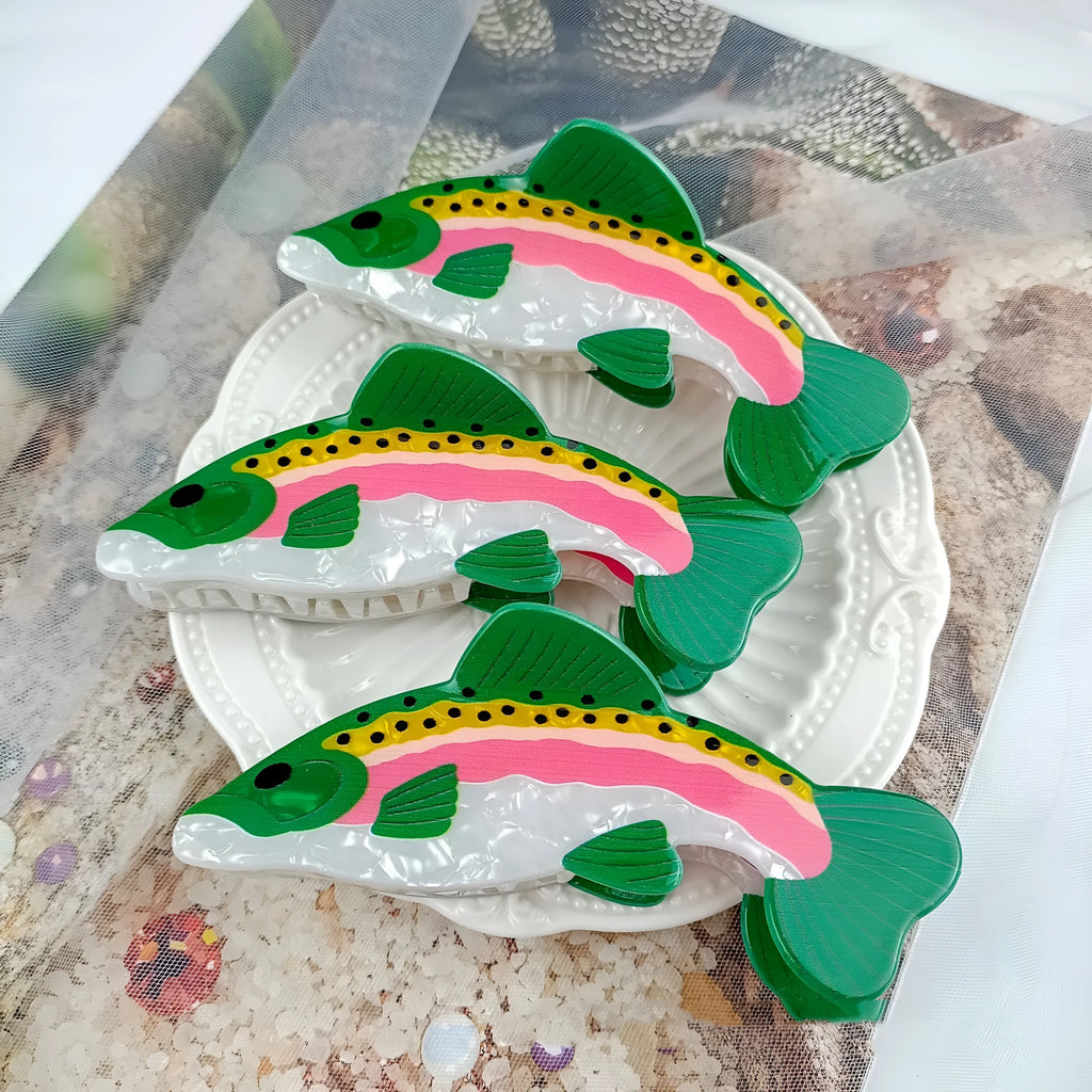 Dark green PVC hair clip with rainbow trout design and carp decorative elements