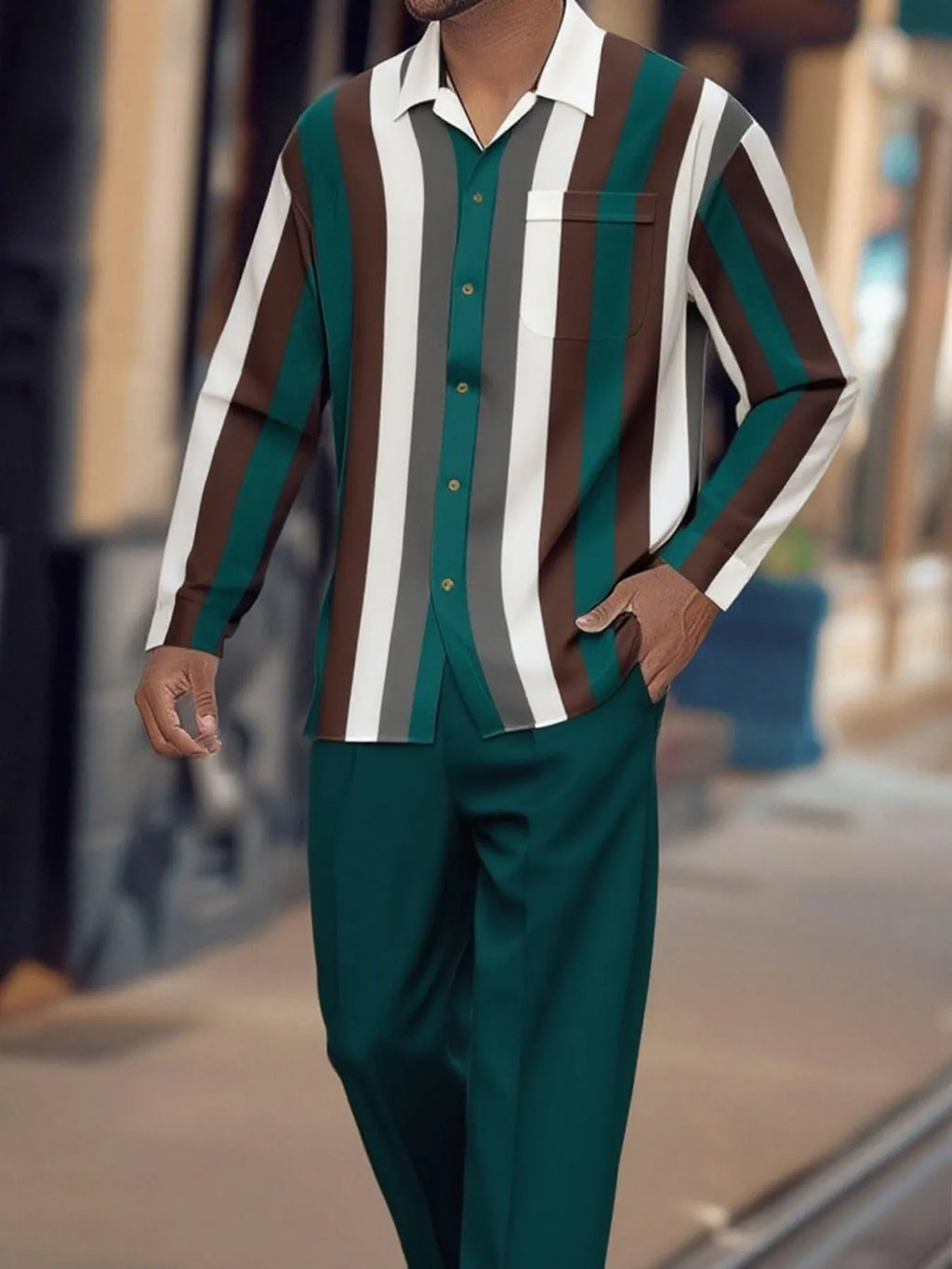Men's print striped suit set with long sleeve blazer and trousers in polyester fabric, multiple colour options, Asian sizing