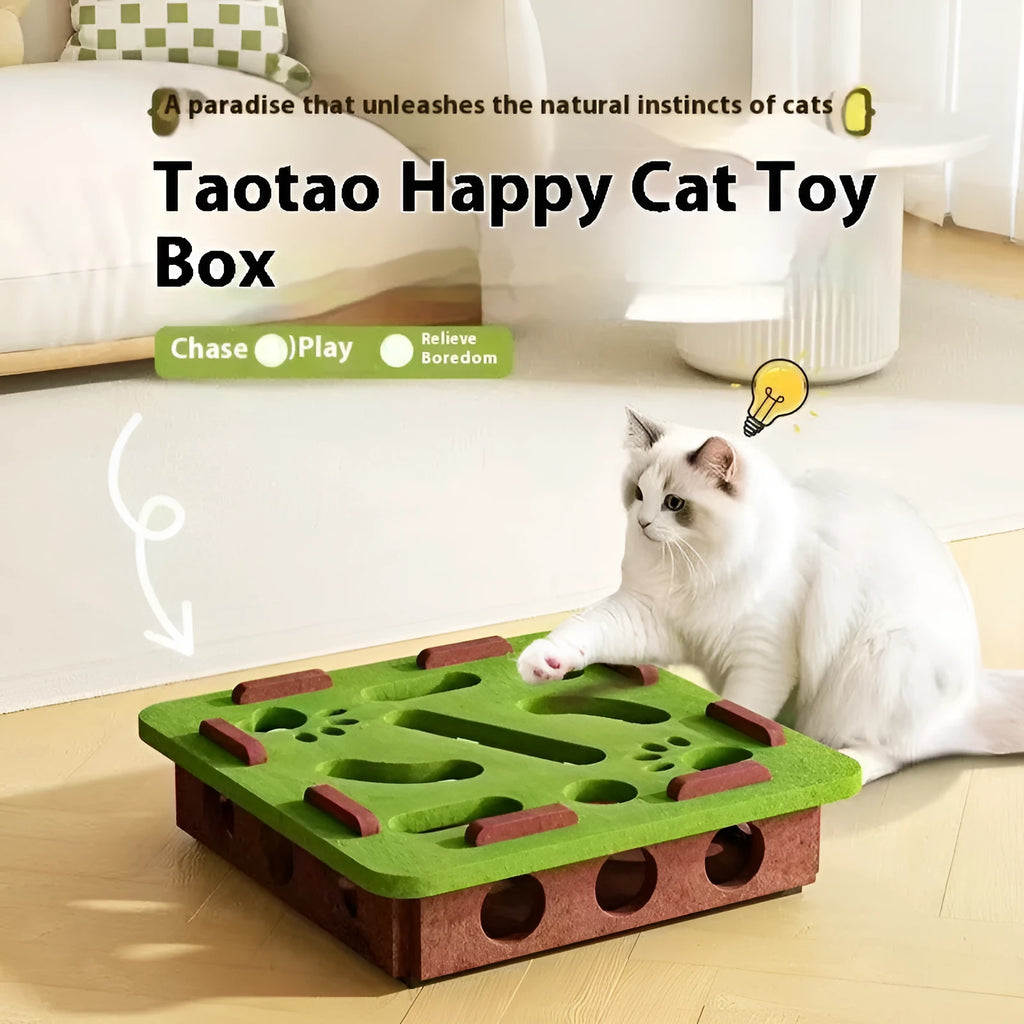 Green brown felt box cat toy with holes for paw play, measuring 30x30x7.5 cm.