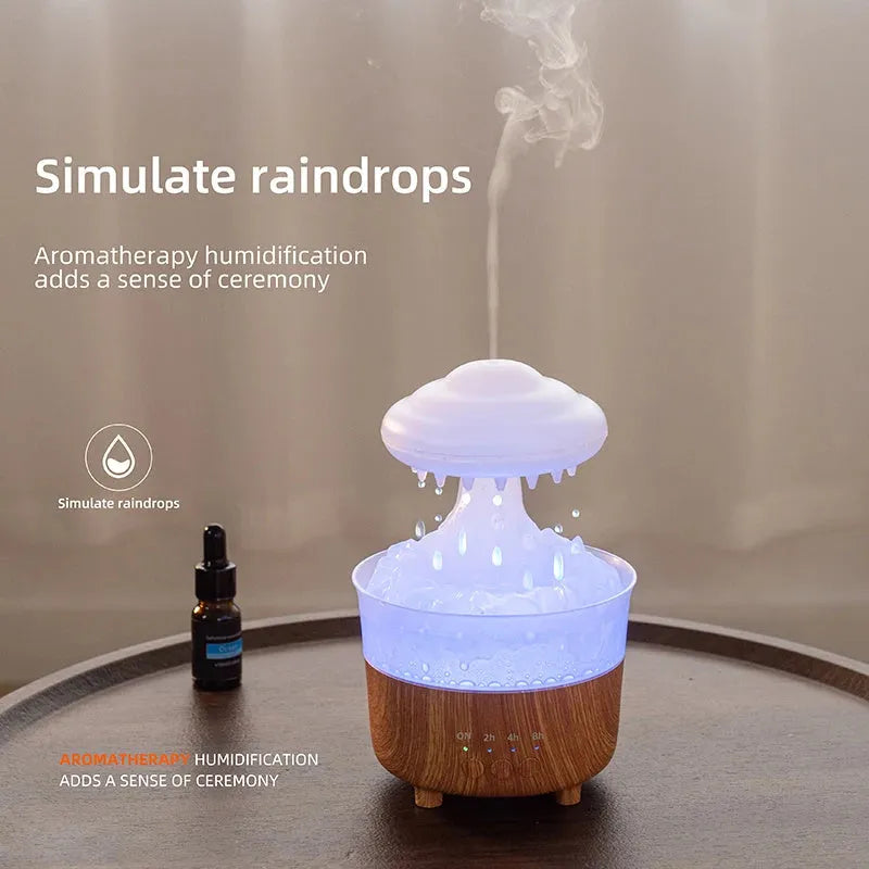Wood grain white column-shaped rain cloud humidifier diffuser with colourful LED night light