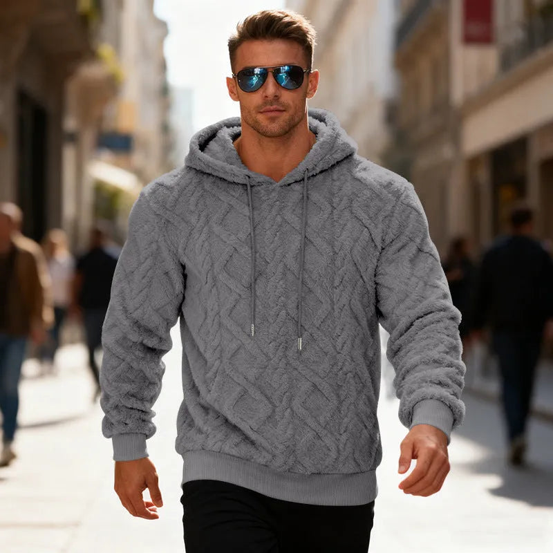 Casual heavy double-sided velvet loose pullover fleece lined sweatershirt in black, front view