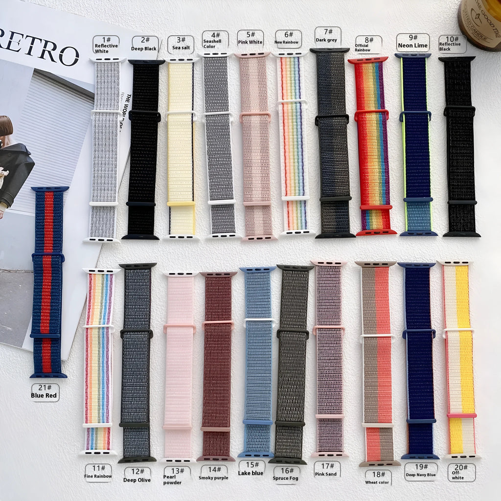 Woven nylon Apple Watch strap in multiple colours including pink sand and rainbow patterns