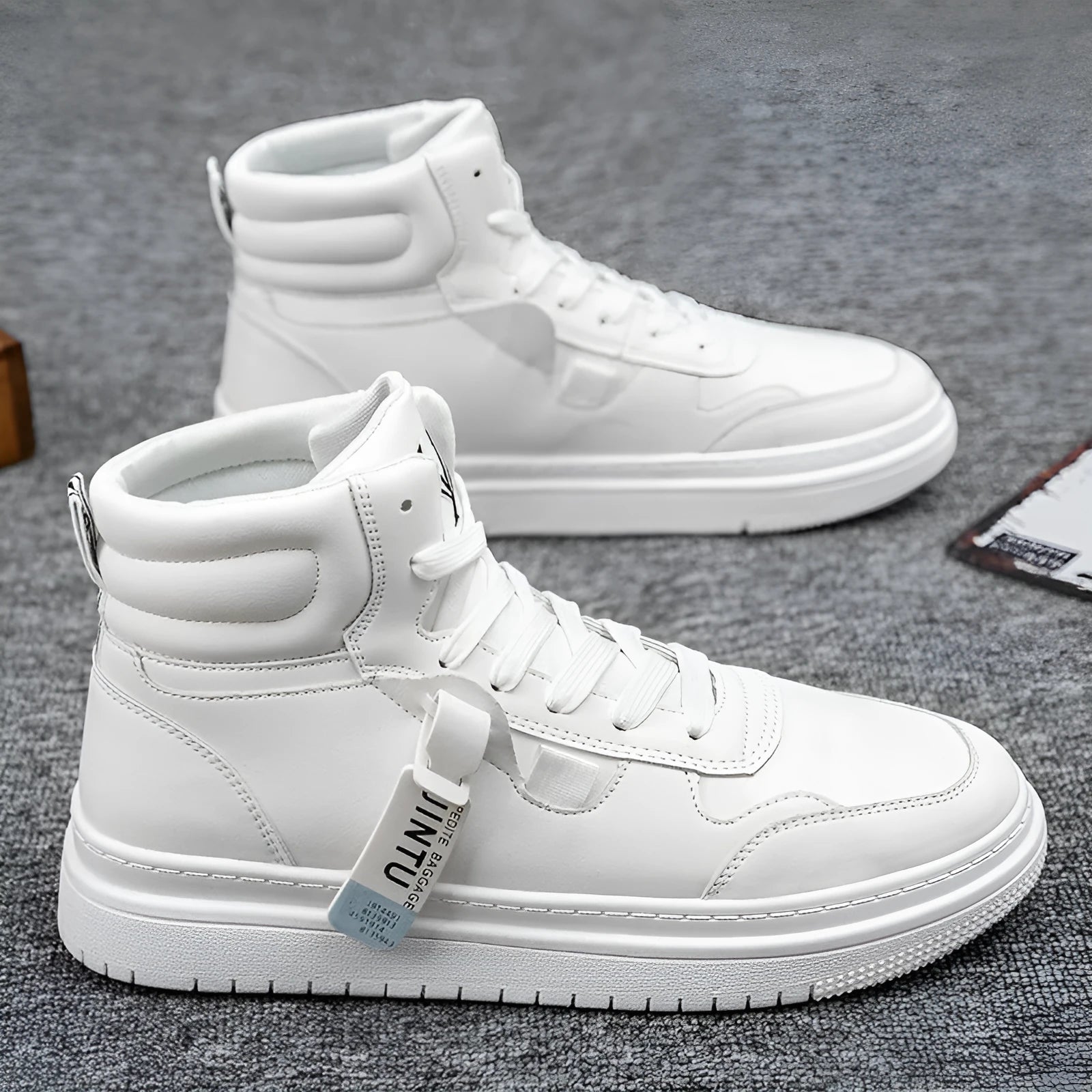 Korean version Tide men's white short boots with artificial PU upper on display
