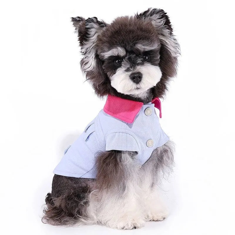 Blue and purple polyester vest for small dog with metal D-ring on chest.