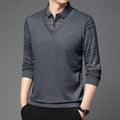 Fake two-piece lapel long-sleeved men's t-shirt in khaki, striped asymmetric design on a model