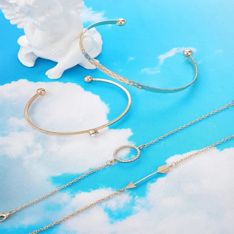 Women's 4 piece rhinestone round arrow bracelet set in electroplated alloy, European and American style