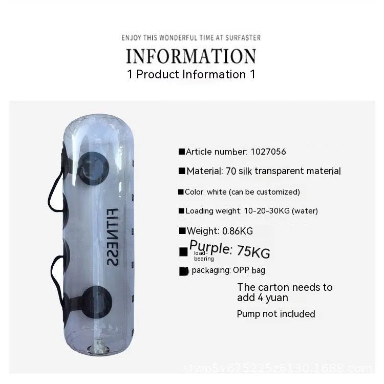 Transparent PVC inflatable water weight bag shown as a soft dumbbell shape for portable strength training.