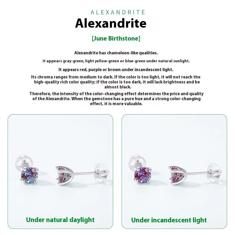 Simple geometric sterling silver stud earrings with a round cultivated Alexandrite stone.