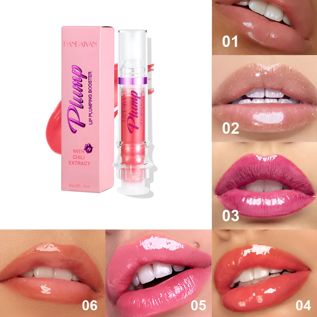 New Tube Lip Gloss in six colours showing shiny, mirror finish on lips.
