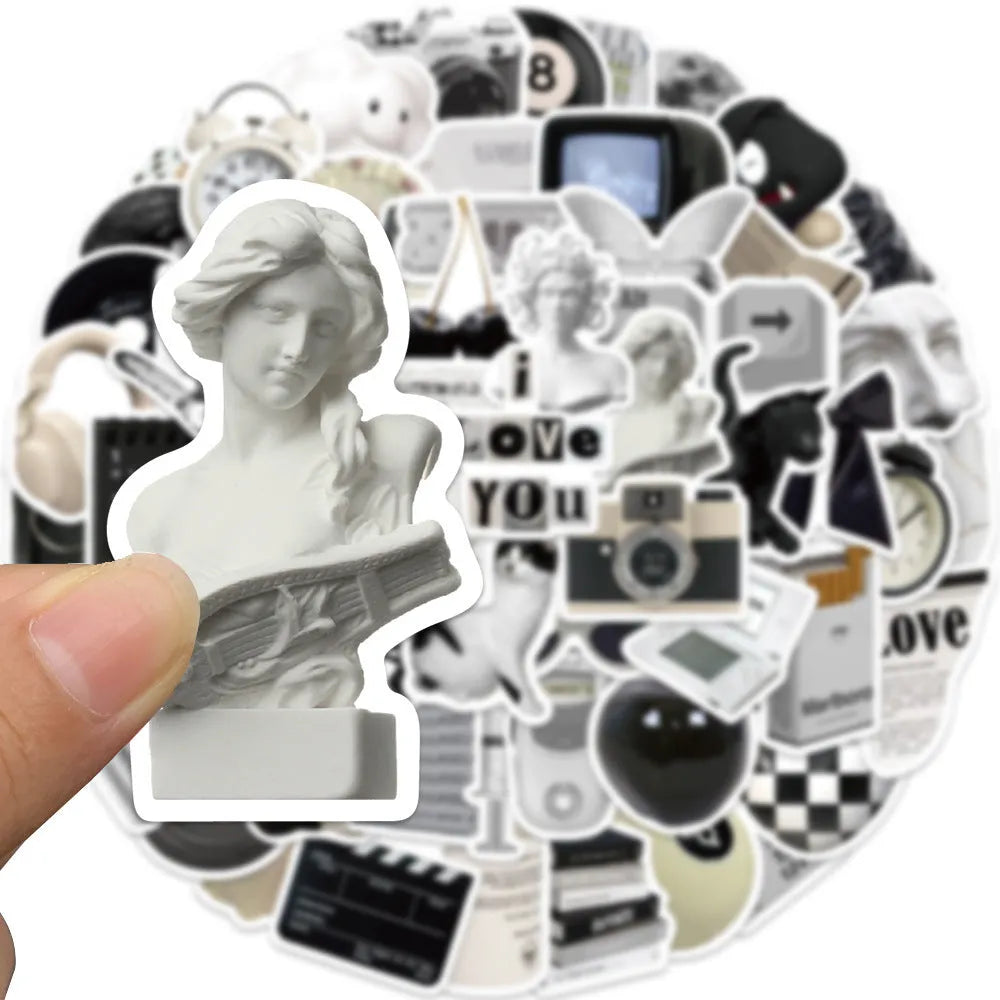 Set of 61 black and white coffee cup design PVC waterproof stickers for laptops and phones.