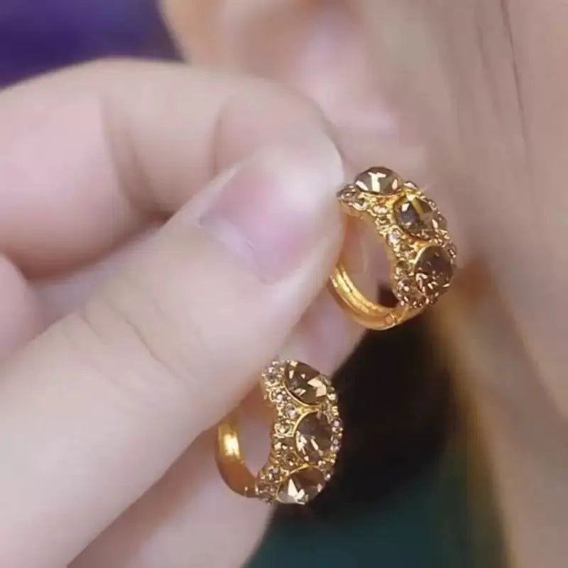 Gold metal hoop earrings with diamond-embedded brown zircon stones, geometric shape, for women