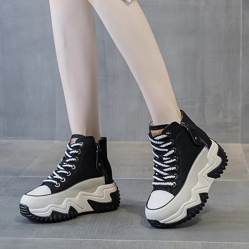 Women's 7cm height increasing leather platform shoes front lace-up round toe sizes 33-40