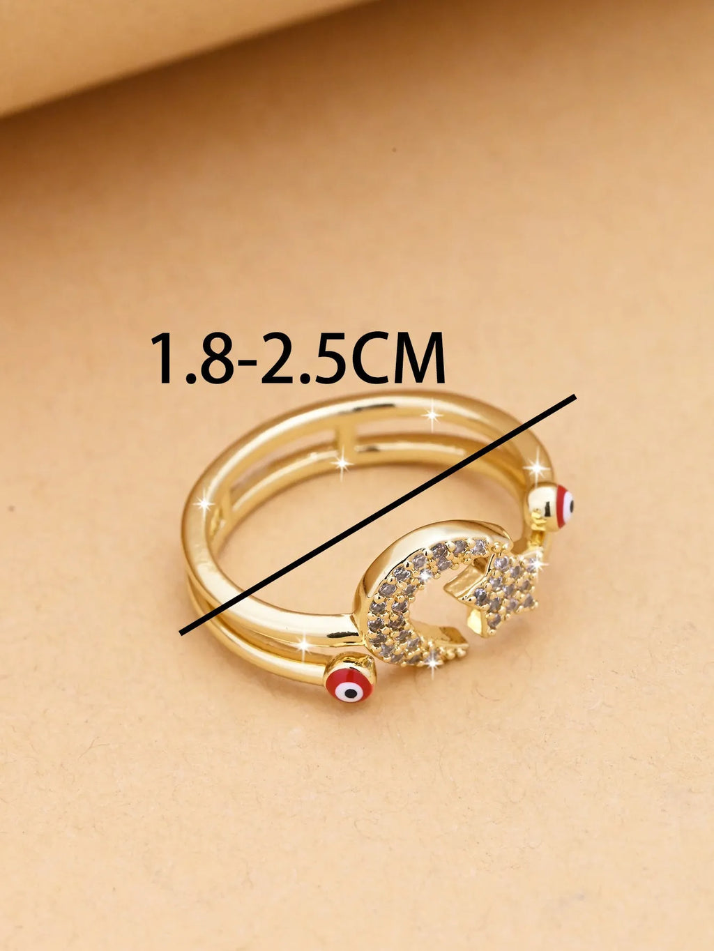 Devil's Eye open copper ring with electroplated finish, geometric eye design, shown in red, blue and white options