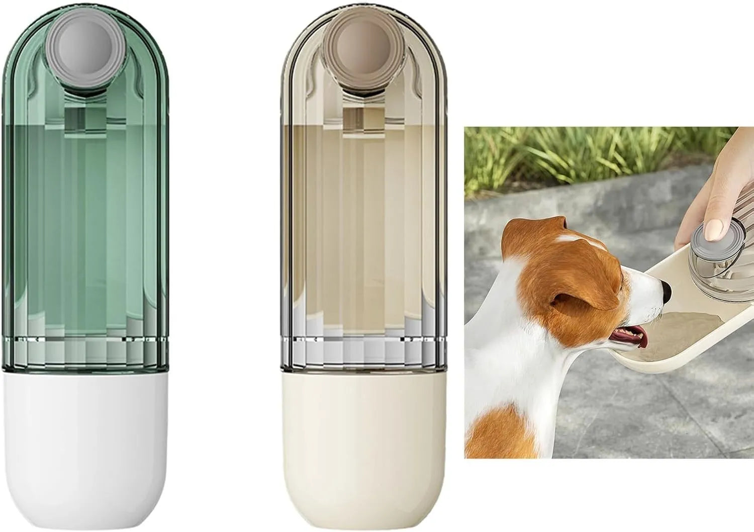 Beige and green portable dog water bottle with food dispenser, shown folded and unfolded.