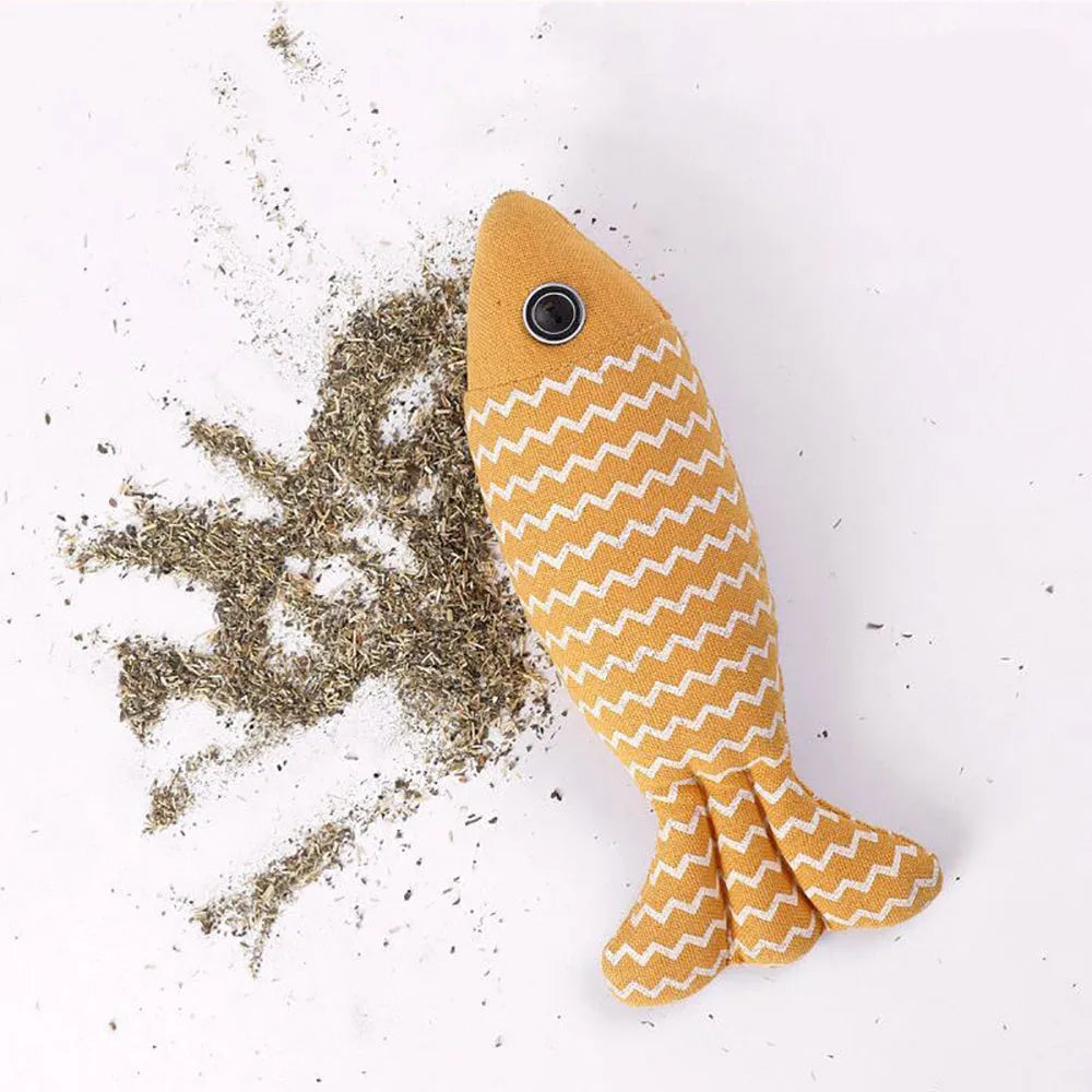 Burlap fish catnip cat toy in bright colour with crinkle sound, 8.27 inches long, on floor