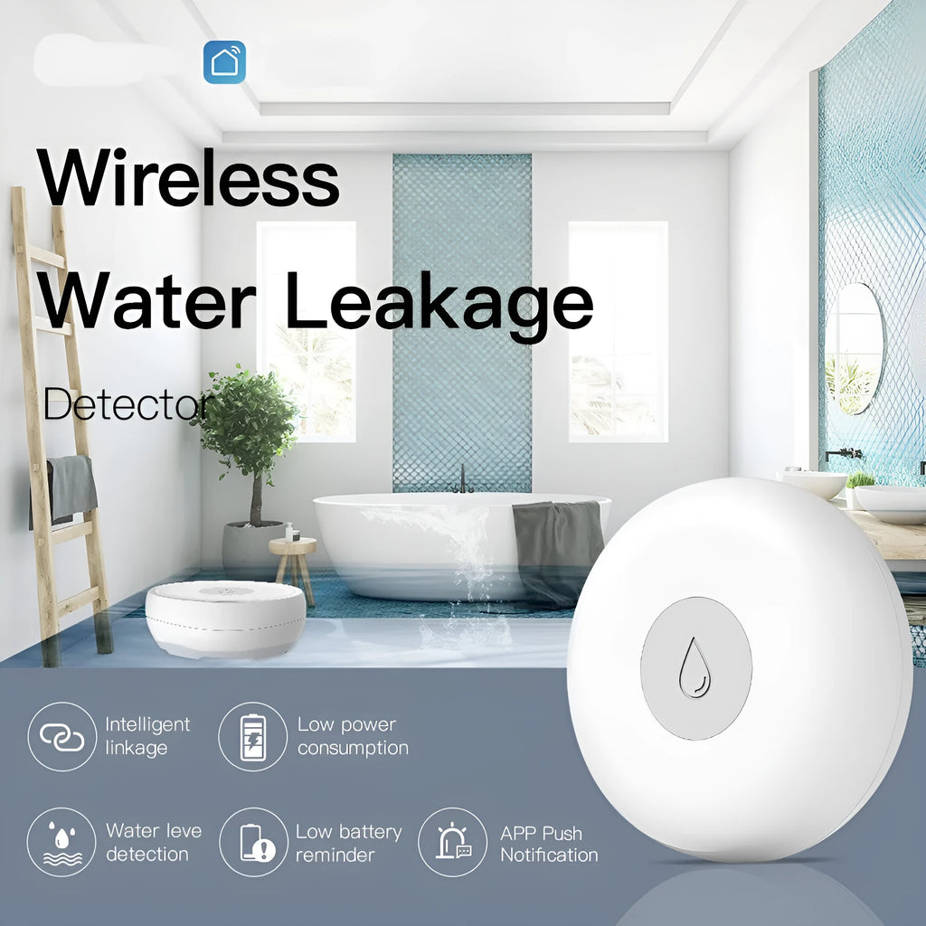 Smart wireless water leak detector with Zigbee technology for mobile app, SMS, and phone call alerts