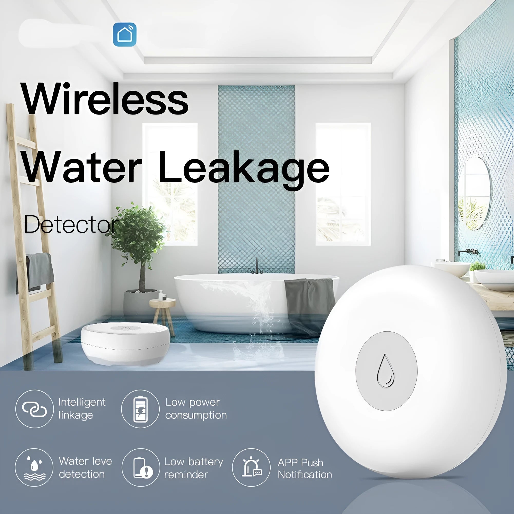 Smart wireless water leak detector with Zigbee technology for mobile app, SMS, and phone call alerts