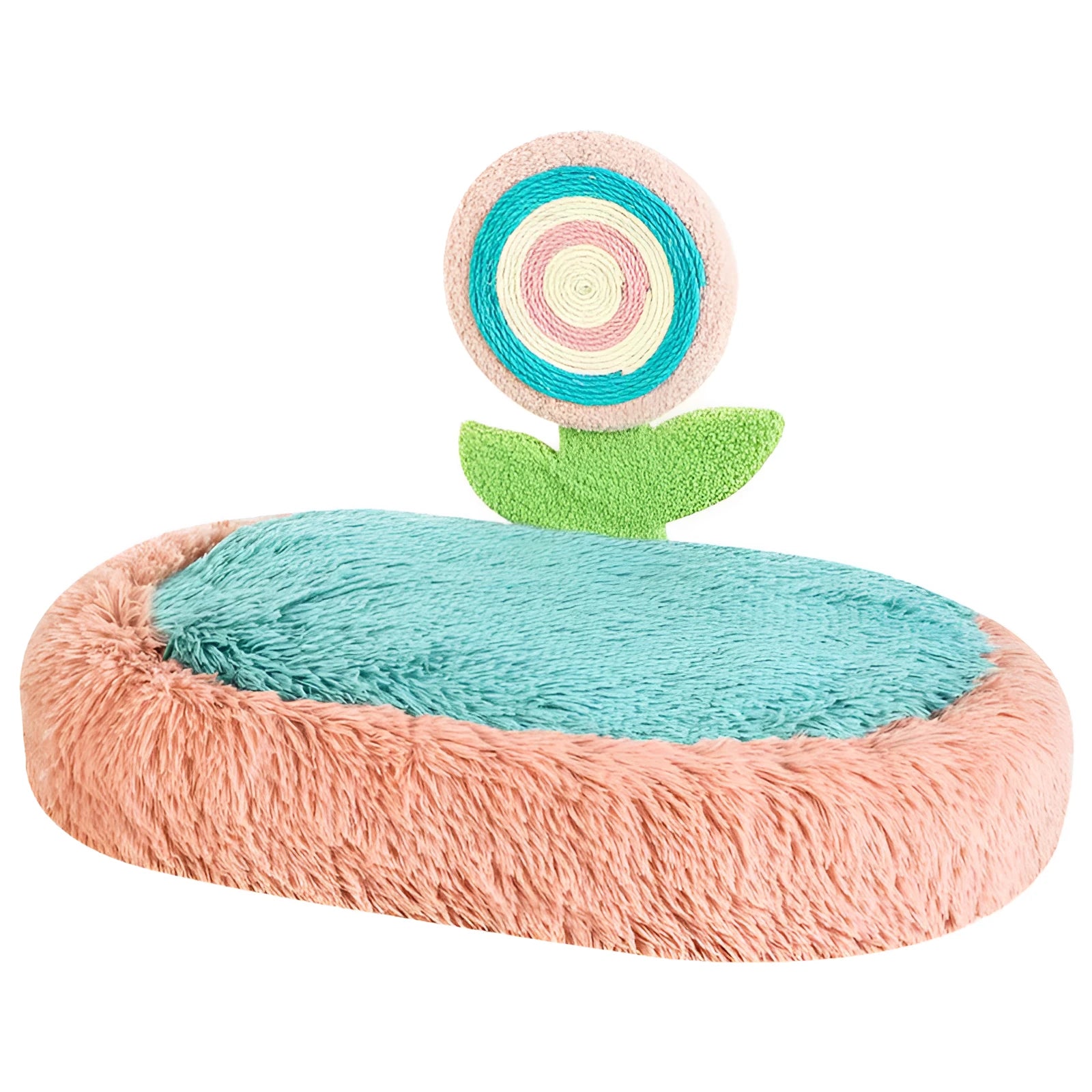 Pink plush elliptical cat bed with integrated lollipop-shaped bolster and removable cover