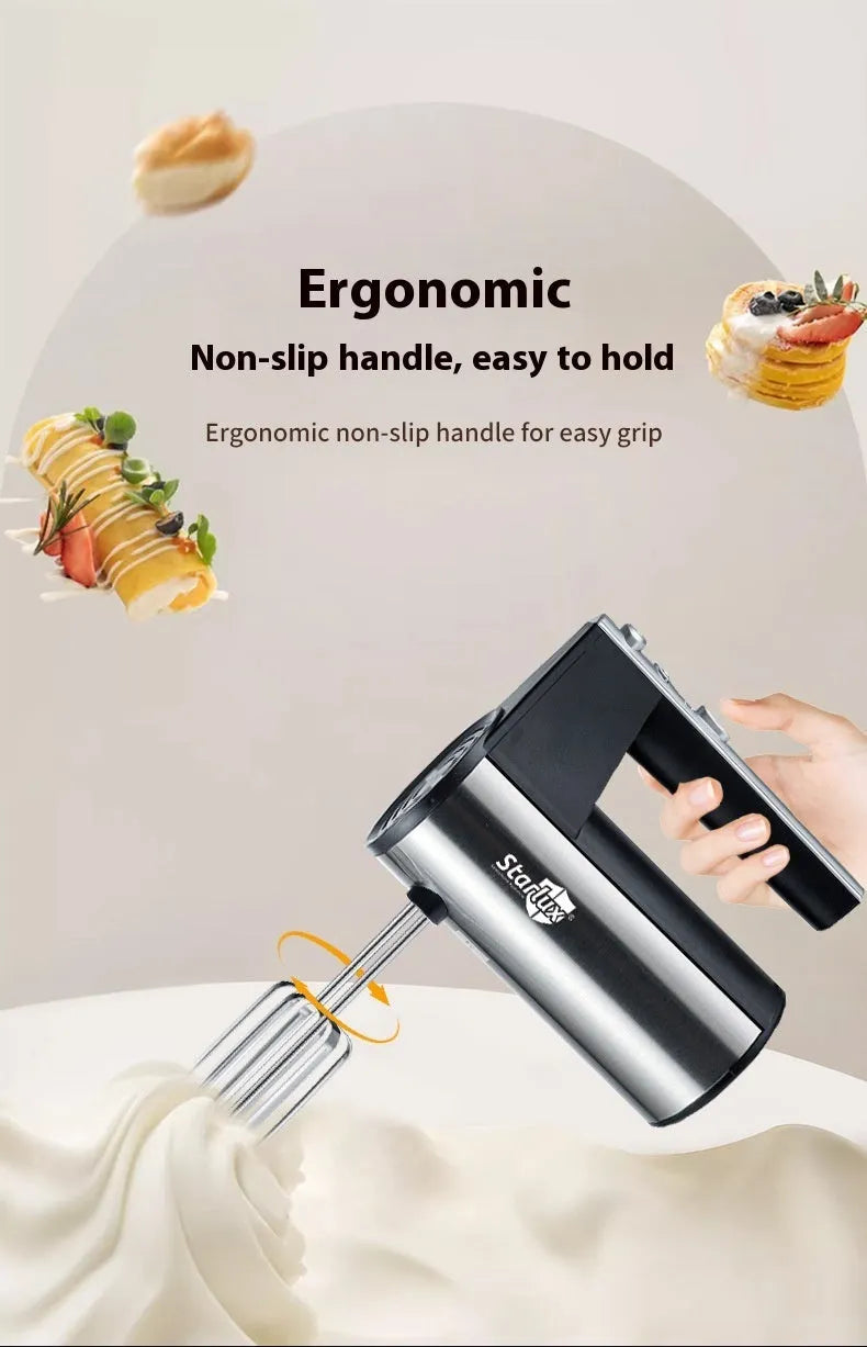 Black SL-25209 model 500W hand-held electric kitchen mixer with five speed settings.