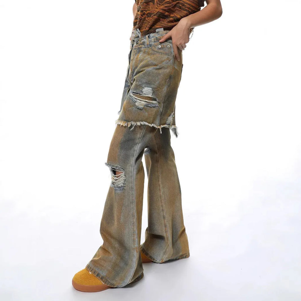 High-waisted bootcut denim trousers with straight leg and cardigan button fly