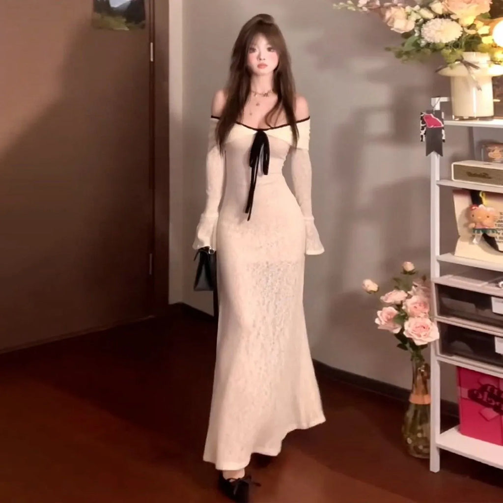 Pure Desire white off-shoulder long-sleeved knitted dress for women, high-waist polyester