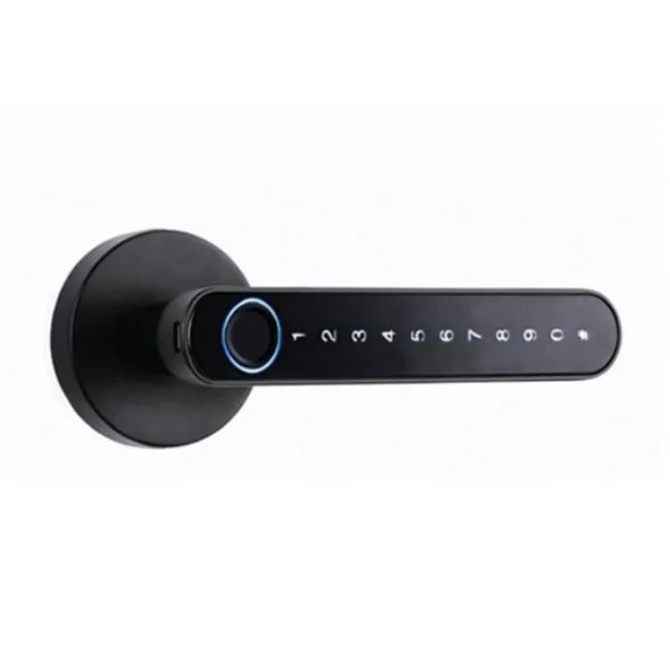 Smart door lock in black with fingerprint sensor in handle, supporting app, password and key unlocking