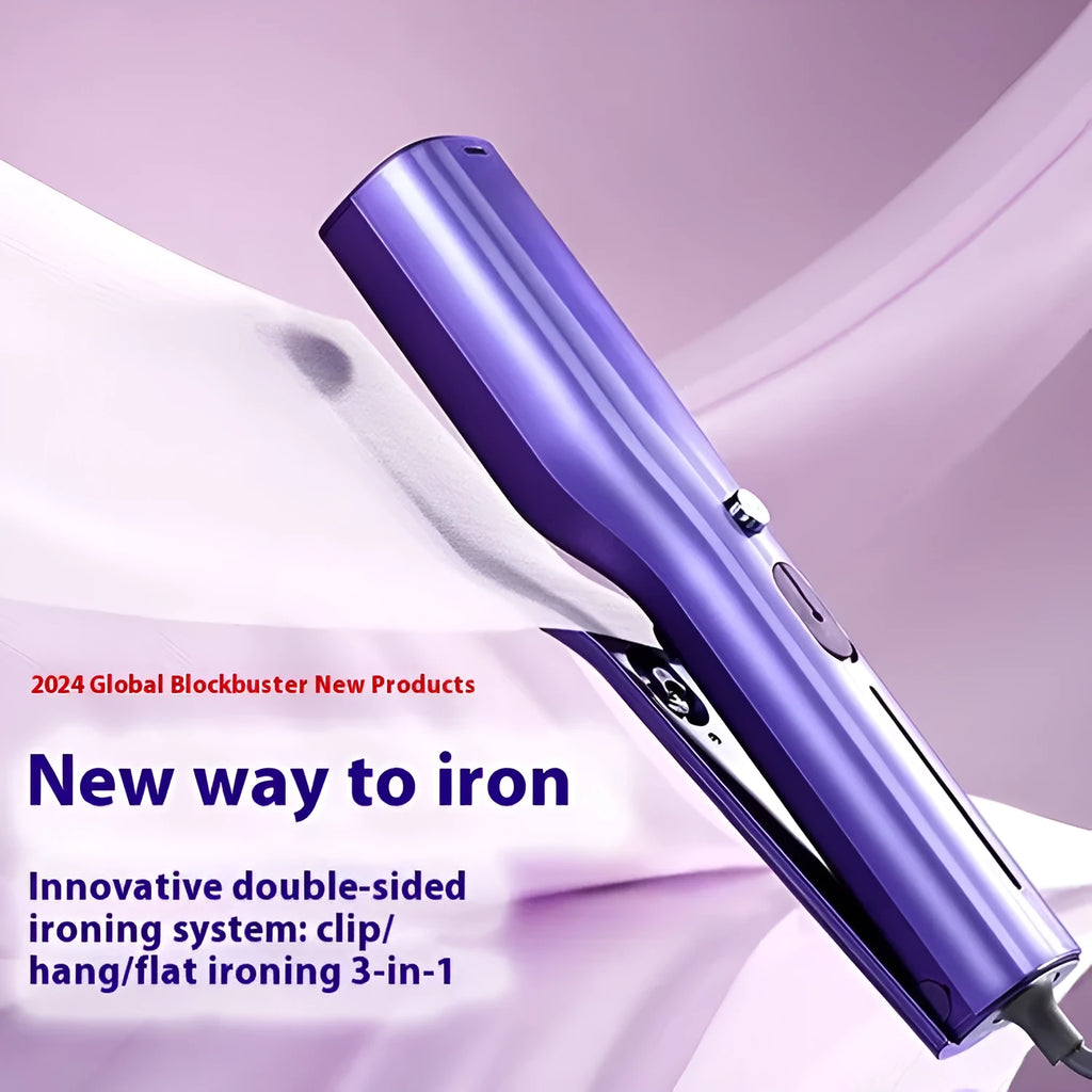 Handheld garment steamer with AI temperature control display showing dual heating modes for hanging and flat ironing