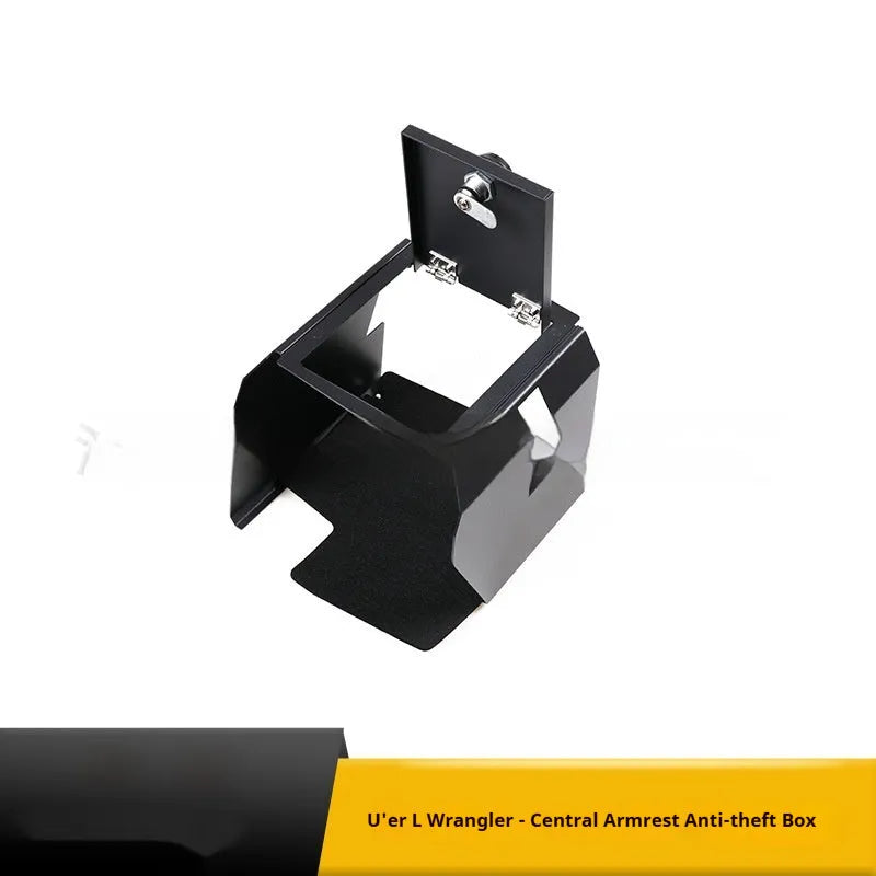Black metal center console anti-theft box for armrest storage inside car, pressure resistant.