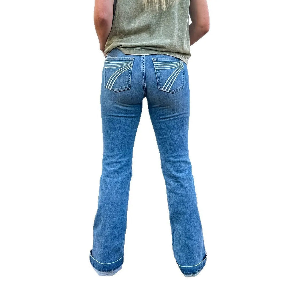 Slim fit blue denim jeans with red embroidery detailing on the legs, showing a slight flare from the knee.