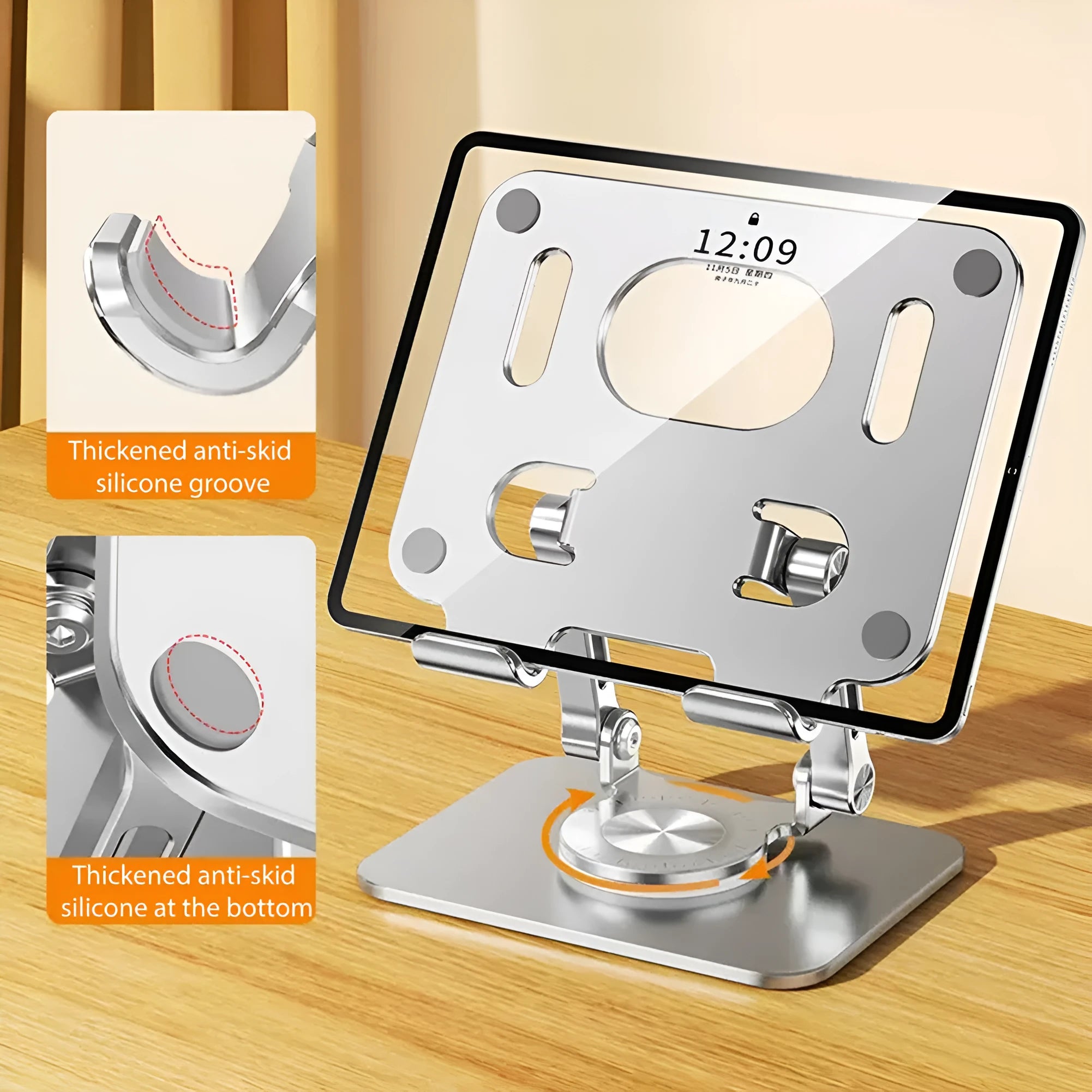 Rotating tablet stand in silver colour showing height adjustment and aluminium panel for device support