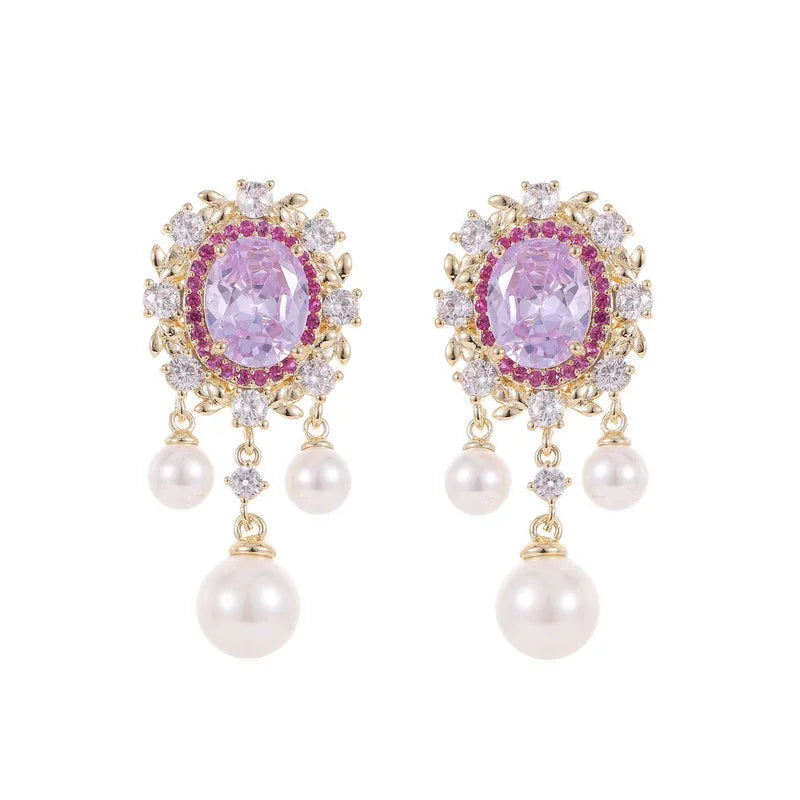 Oval geometric tassel earrings with zircon inlaid pearls in light purple, pink, or white.