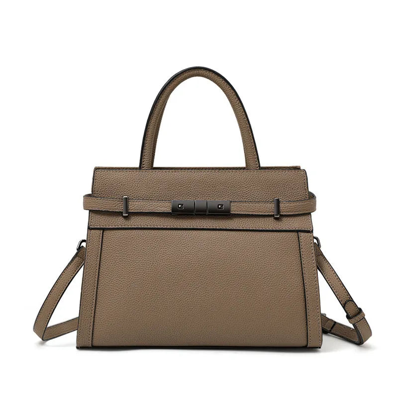 Women's genuine leather crossbody clamshell bag in horizontal square shape with multiple internal compartments
