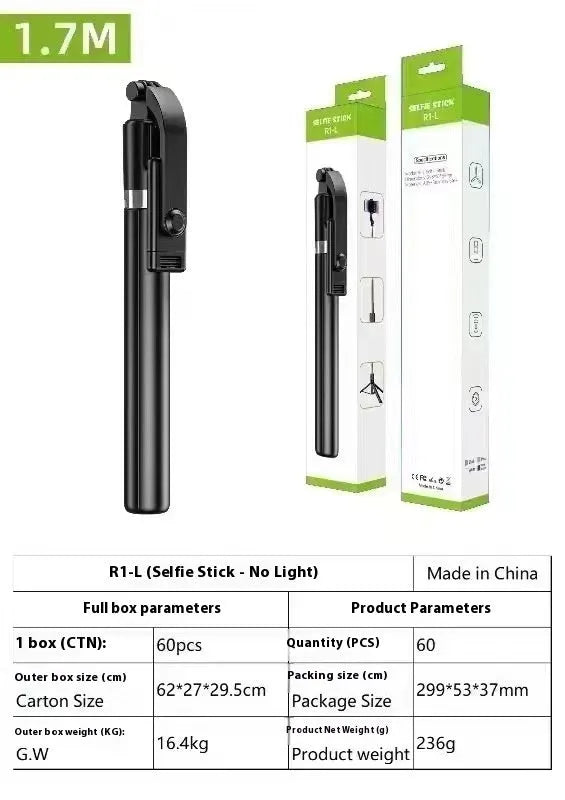 Black R1-L portable mobile phone holder and tripod selfie stick made from stainless steel and alloy.